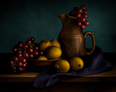 Lemons with Red Grapes and Pitcher