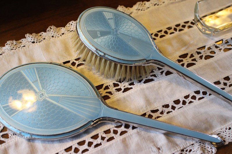 Guilloch Blue Hairbrush and Mirror
