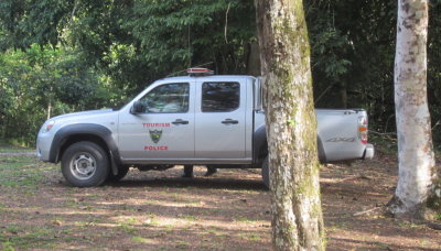 Our Tourist Police vehicle.
They escorted us to El Pilar Archeological Reserve
which is on the border with Guatamala and subject to poaching.