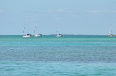 Sailboats offshore at Caye Caulker, Belize, C.A.