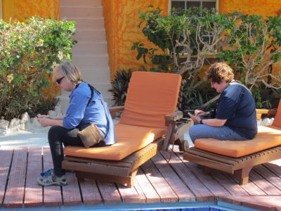 Donna and Mary checking their phones
Seaside Cabanas, Belize, C.A.