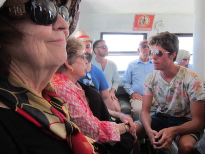 Jane and Betty, making a new friend,
on the ferry from Caye Caulker to Belize City, Belize, C.A.