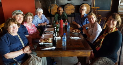 Mary, Steve, Betty, Marilyn, Kannan, Donna, Deb and Jane
Gretta had to leave earlier, but the rest of us
had lunch together at the airport in Ladyville,
our last hurrah before leaving Belize.
