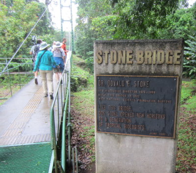 Esteban, Zoe, David, Joanie and Mitchell
going onto the Stone suspension bridge
on our last morning at Le Selva
