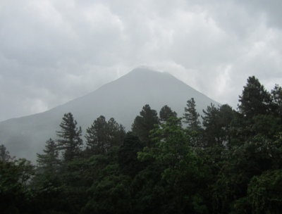 The clouds lifted from the peak 
of Arenal Volcano during the rain.