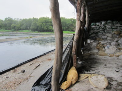 View of salt pond from the storage shed in the drizzle
