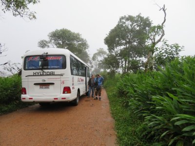 Danilo, our driver, and Cindy at the bus
It was a very foggy morning along the road to Milpe where we stopped.