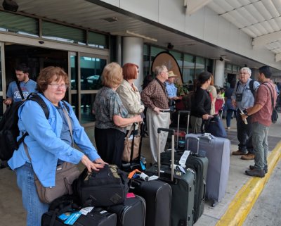 Most of our group, outside the San Jos Airport in Costa Rica, waiting for our tour bus:
Mary, Carolyn, Barbara, Andy, Keith, Catherine, Terri, Jerry, our trip organizer, and Erick, our guide
