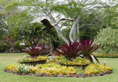 Another view of the grounds at Bougainvillea Hotel with a bird sculpture