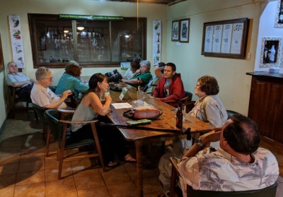 Our group reviewing the birds of the day in a meeting room at Selva Verde Lodge
Andy, Jerry, Carolyn (behind), Barbara, Catherine, Terri, Carl, Vickie, Erick, Mary, Keith