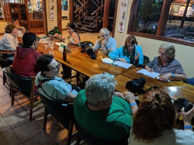 Going over the bird species list at the end of the day
Clockwise: Mary, Keith, Catherine, Jerry, Barbara, Carolyn, Terri, Carl, Vickie, Erick