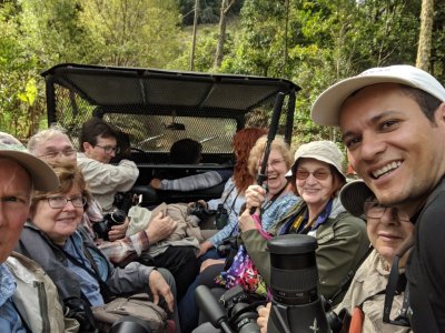 The vehicle was bouncing up the road, so holding my phone steady (and not dropping it) was not easy. Steve, Mary, Andy, Vickie, Catherine (back of head in cab), Terri, Carolyn, Barbara, Jerry, Erick