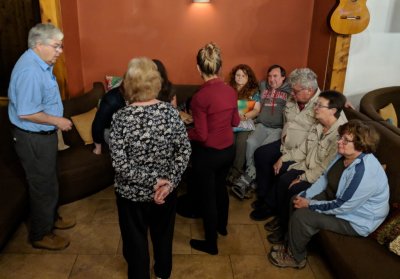 Giving drink orders in the lounge before going over our checklists