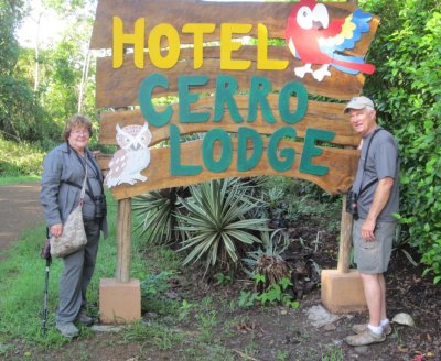 Mary and Steve posed at the sign to the Hotel Cerro Lodge on the way back from the morning walk.