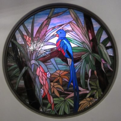 The Resplendent Quetzal is one of our target birds for this location. The lounge at Savegre Lodge had a stained glass image of the Resplendent Quetzal with changing colored lights behind it.