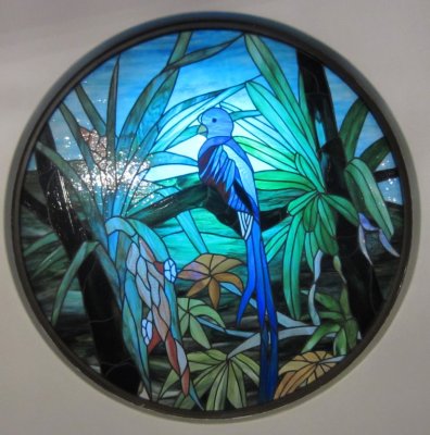 Resplendent Quetzal in stained glass at Savegre Lodge