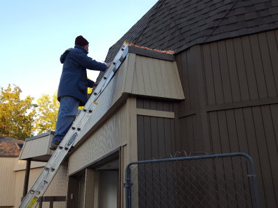 I used an old, long serrated-blade knife to trim the rough edges of the foam insulation that Jesse had sprayed to fill the trough over the garage door, then applied a coat of white sealant over it.
