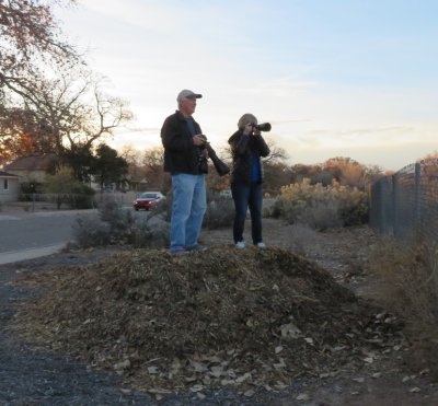 Steve and Jan, on a pile of wood chips, looking for more photos