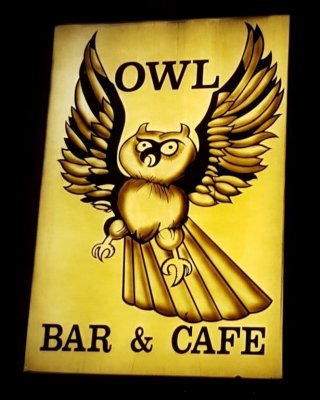 Night time photo of the Owl Bar and Cafe sign