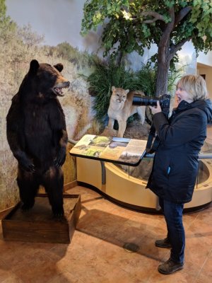 We did a lot of mugging with the critters in the Visitor Center. Here Jan faces off with a bear.