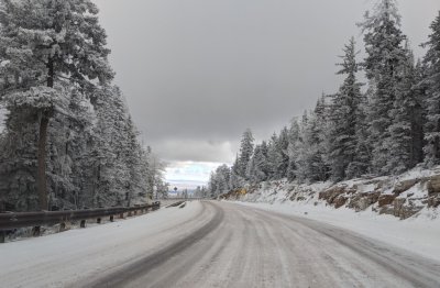 After we'd gotten a few miles down from the crest, we saw a patch of blue sky ahead.