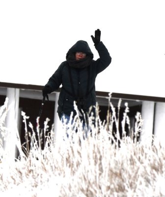 Mary waving as she started down the hill