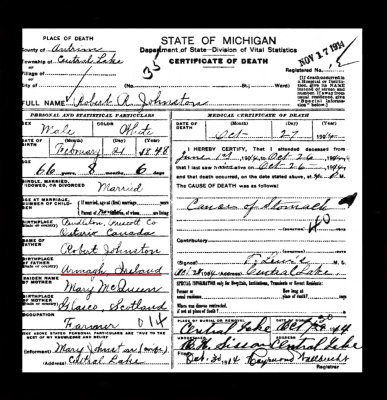 Robert Johnston Jr., Certificate of Death
