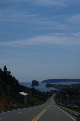 View of the town of Perce, Quebec at the eastern end of the Gaspe Peninsula. 7/7/2018