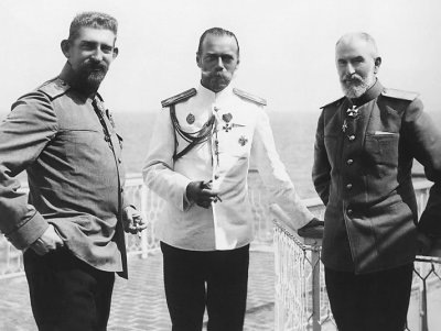 1914 - Nicholas with Prince Ferdinand of Romania (left) and King Carol I of Romania (right)