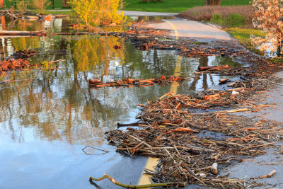 Bay of Quinte water and debris runs across path in West Zwicks Park