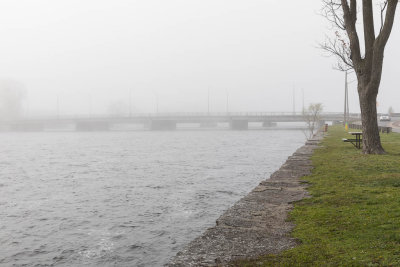 Looking down the Moira River on a foggy morning towards Dundas Street bridge