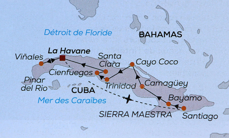 Carte de l'le de cuba avec notre circuit de 2 semaines Au cur des Carabes par le voyagiste culturel Arts et Vie 
