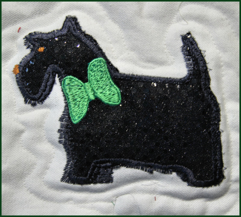 Scotty dog applique on dotted sequin fabric..jpg
