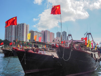 Hong Kong Trawlers with flags for 20th Anniversary of return to China