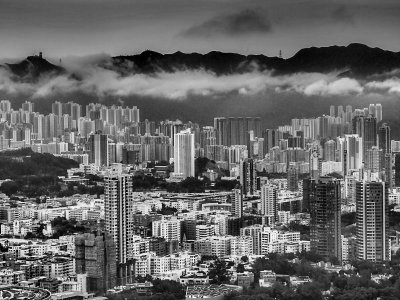 Kowloon view, fog and mists flowing over the peaks