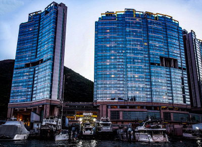 Luxury condos and boat repair yards.  Aberdeen Typhoon Shelter, Hong Kong