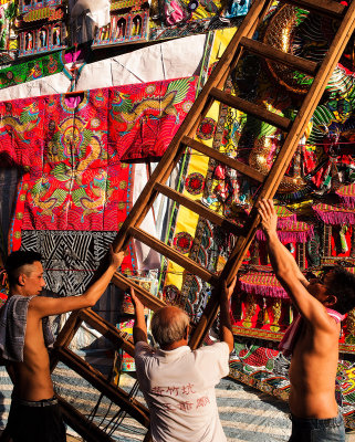 Building decorations for a temple festival, Hong Kong Island South