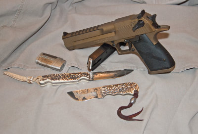 Desert Eagle and Two Custom Stag-Handled Knives