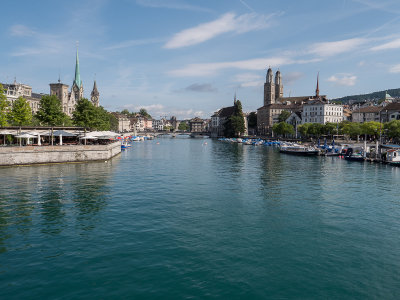Limmat River with Framunster and St. Peter's on the left and the Grossemnster on the right.