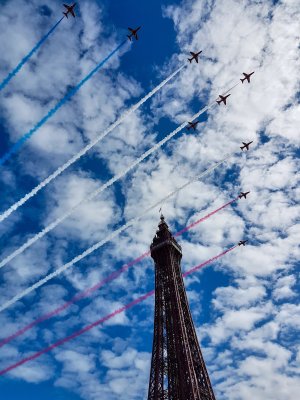 Red Arrows over Blackpool Tower