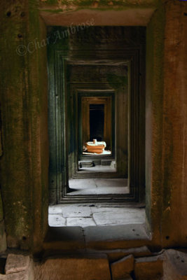 Gallery in Bayon with Carved Stone Linga
