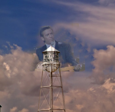 The Littlefield, TX water tower with a Waylon Jennings image overlay