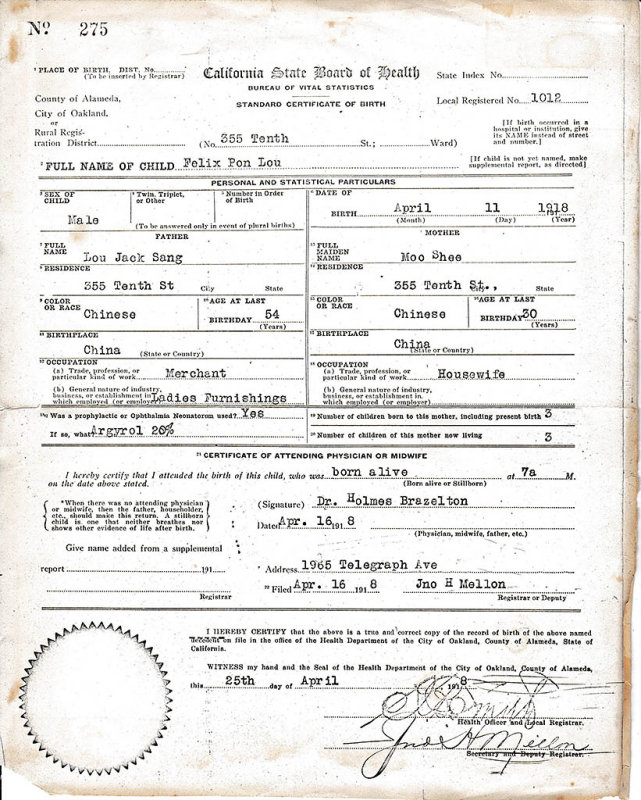 Felix Low birth certificate