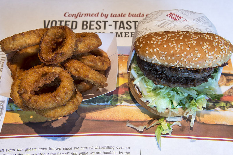 4/11/2017  BBQ Bacon Double Charburger and Onion Rings