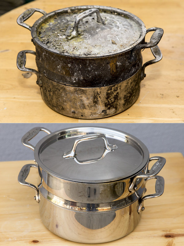 All-Clad steamer after the fire and now