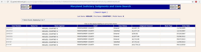 (2017/05/27) CASE SEARCH ~ Courtney Karn Hegler - Maryland Judiciary Judgments and Liens