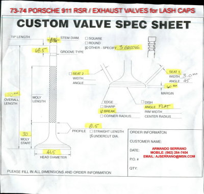 1973-1974 Porsche 911 RSR / ATE Valve EXHAUST Specifications (Flat-Face Valve 41.5mm OD) / (Valve Stem 8.96 OD)