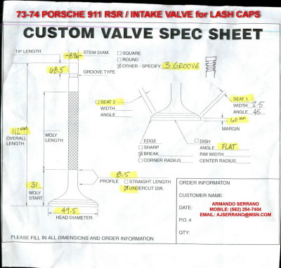 1973-1974 Porsche 911 RSR / ATE Valve INTAKE Specs (Flat-Face Valve 49.5mm OD) / (Stem 8.96 OD)