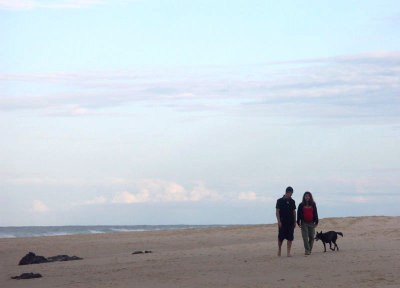 Man, woman, dog, beach, sky (the essentials)