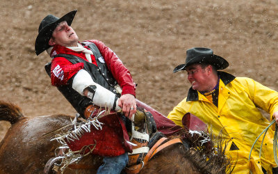 Rodeo worker assist a Bronc Rider after completing his ride